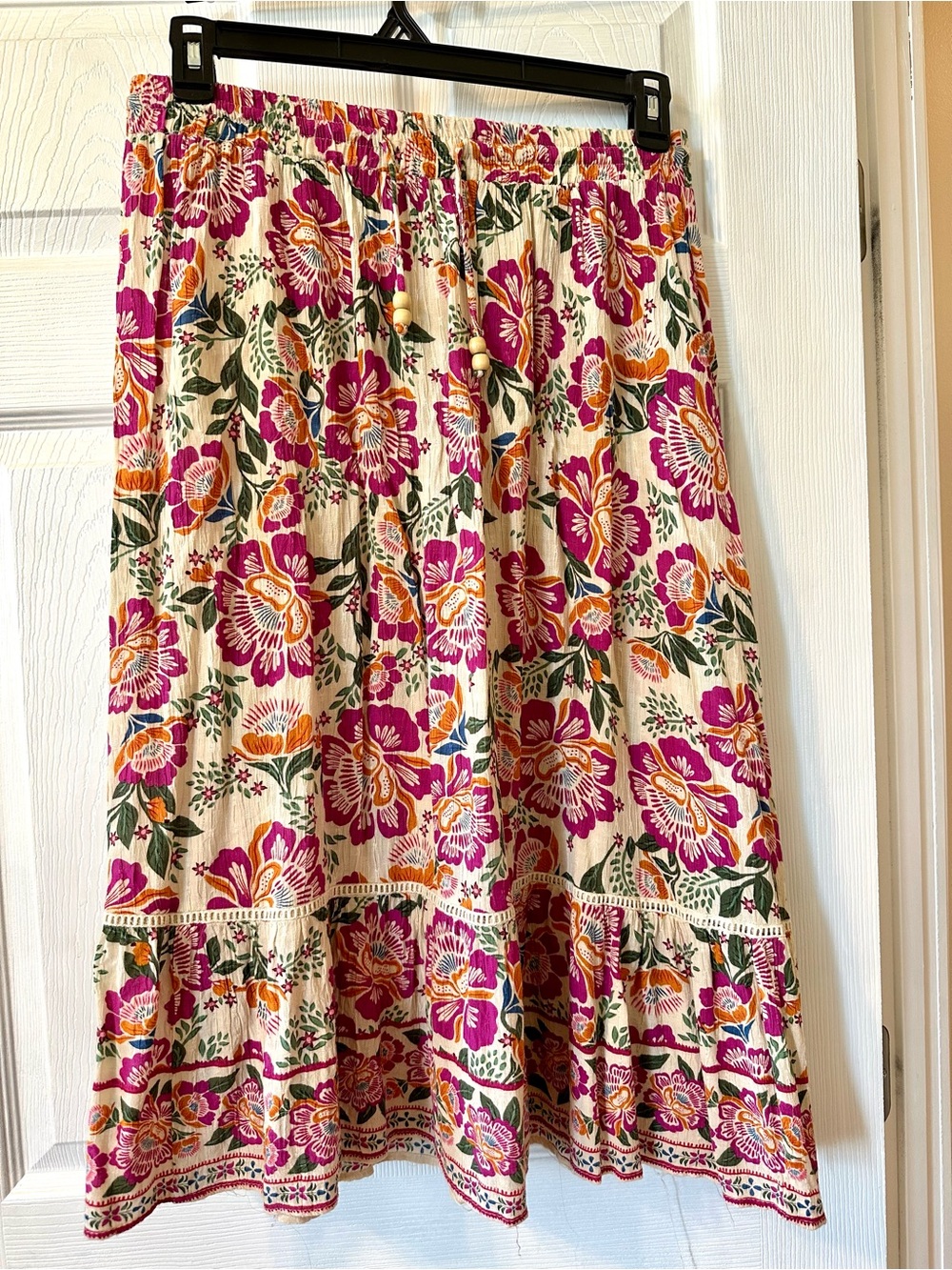 Boho Floral Tiered Midi Skirt in Cream with Pink & Orange Flowers